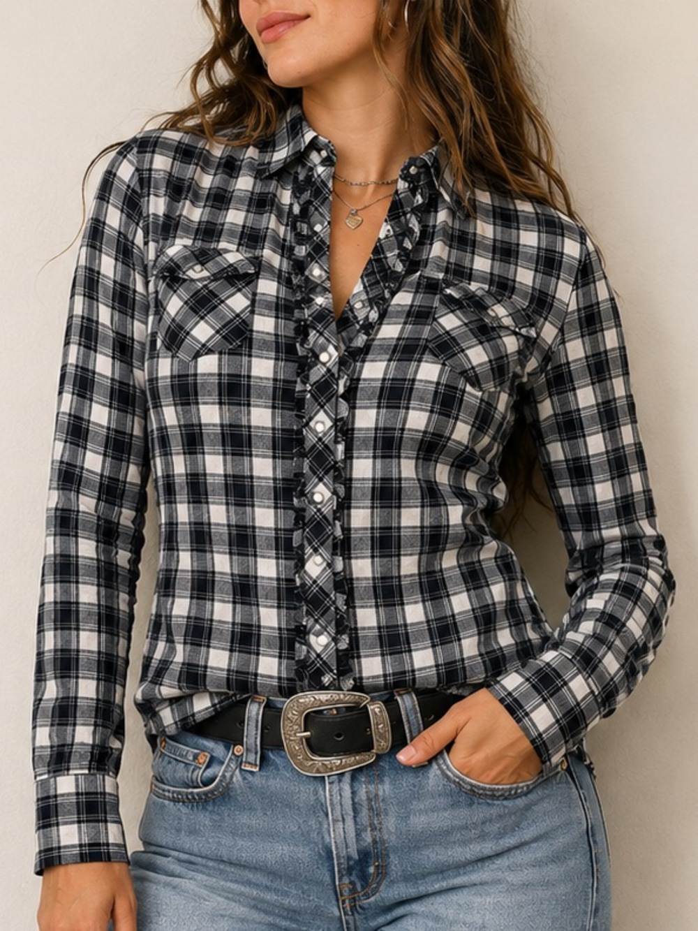 Y2K Arizona Jean Co Black White Plaid Ruffle Snap Front Western Shirt size M